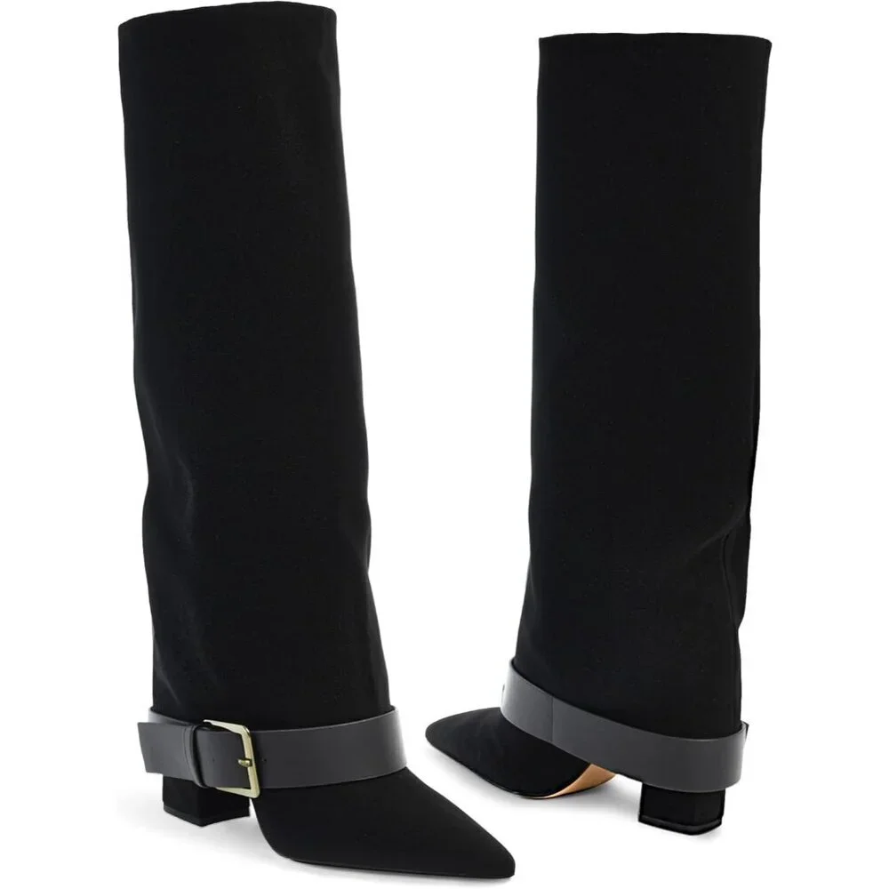 Women's Black Suede Knee High Boots Fold Over High Heel Belt Buckle Fall Long